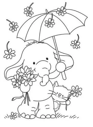 Desenho de elefante com flores e gatinho para colorir. Crie e pinte este adorável elefante com guarda-chuva floral.