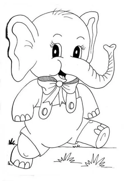 Desenho de elefante bebê com laço e macacão no gramado, pronto para colorir e inspirar a imaginação. Destaque para o sorriso, orelhas grandes e a tromba.