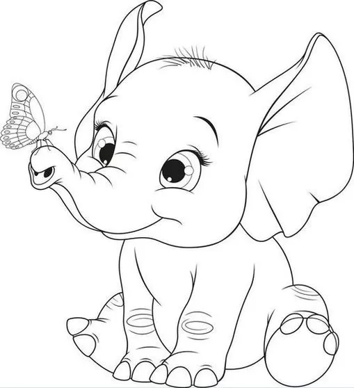 Elefante bebê fofo brincando com borboleta: desenho para colorir divertido.