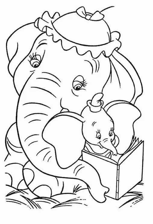 Elefante mãe com touca e filhote de chapéu lendo livro no gramado. Desenho de elefantes para colorir.