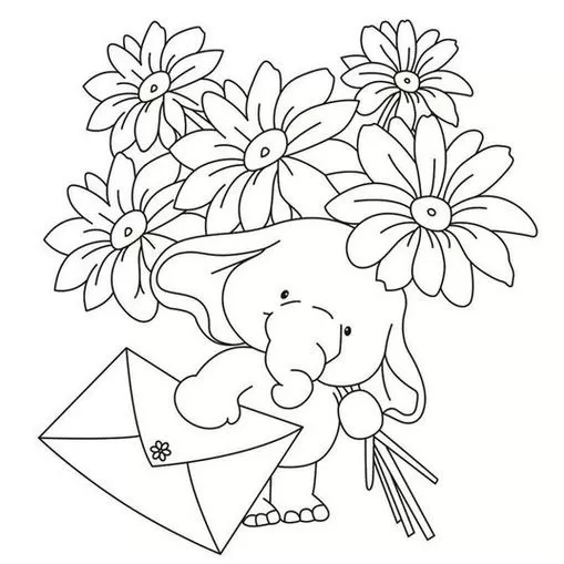 Elefante bebê com flores para colorir: ternura e natureza em detalhes como envelope florido e expressão amigável, perfeito para atividades criativas.