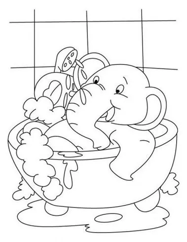 Elefante tomando banho na banheira com espuma para colorir. Desenho divertido com azulejos no fundo.