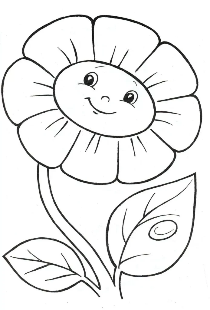 Flor Sorrindo para Colorir: Desenho divertido com pétalas delicadas, caule e folhas para atividades criativas com tema floral.