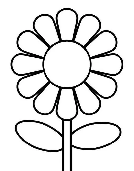 Desenho de margarida para colorir: flor com pétalas arredondadas, centro circular e caule com folhas. Atividade relaxante de pintura.
