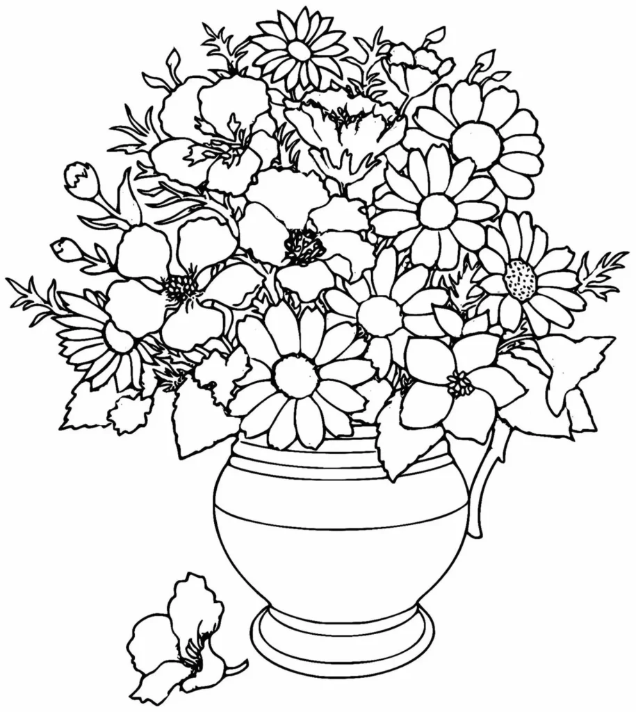 Desenhos de flores variadas em vaso decorativo, com detalhe de flor solta. Perfeito para colorir e atividades artísticas.