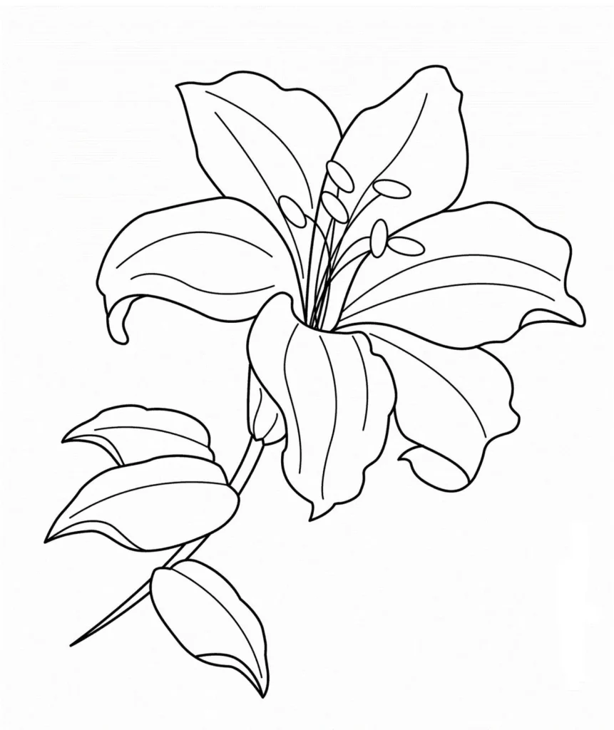 Lírio para colorir: explore a beleza das flores através da arte. Detalhes de pétalas, estames e folhas em desenho floral pronto para sua criatividade.