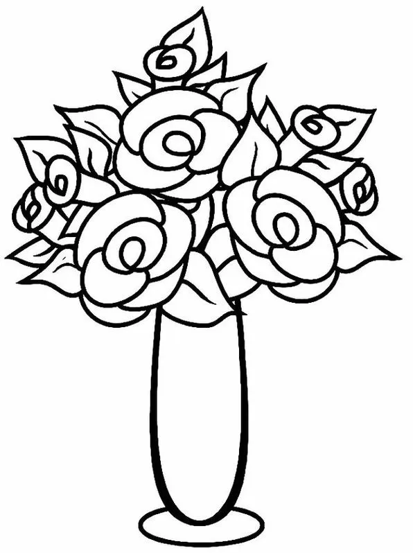 Vaso com rosas para colorir: Desenho detalhado de arranjo floral com pétalas em espiral e folhagens exuberantes. Ideal para atividades criativas.