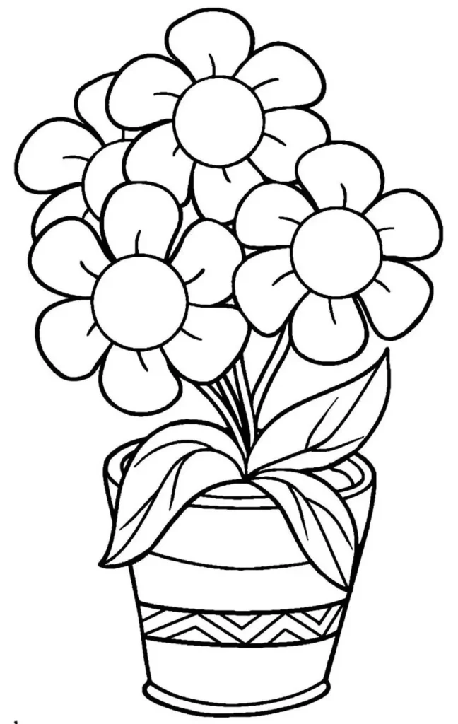 Desenhos de flores em vaso para colorir: relaxe com a beleza floral e seus detalhes de pétalas, folhas e padrões no vaso.