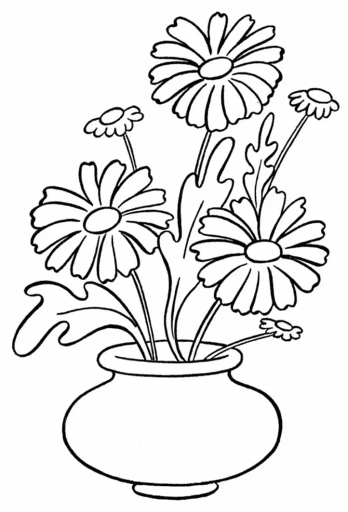 Vaso de margaridas para colorir: Desenho floral detalhado para relaxar e criar. Atividade artística com flores e folhas.