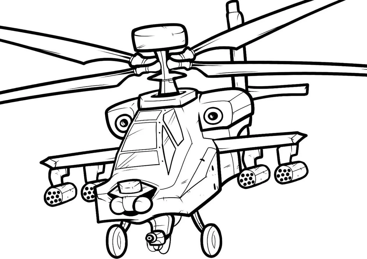 Helicóptero de ataque estilizado para colorir: detalhes de rotores, cabine e armamento. Explore a arte e a forma desta aeronave.