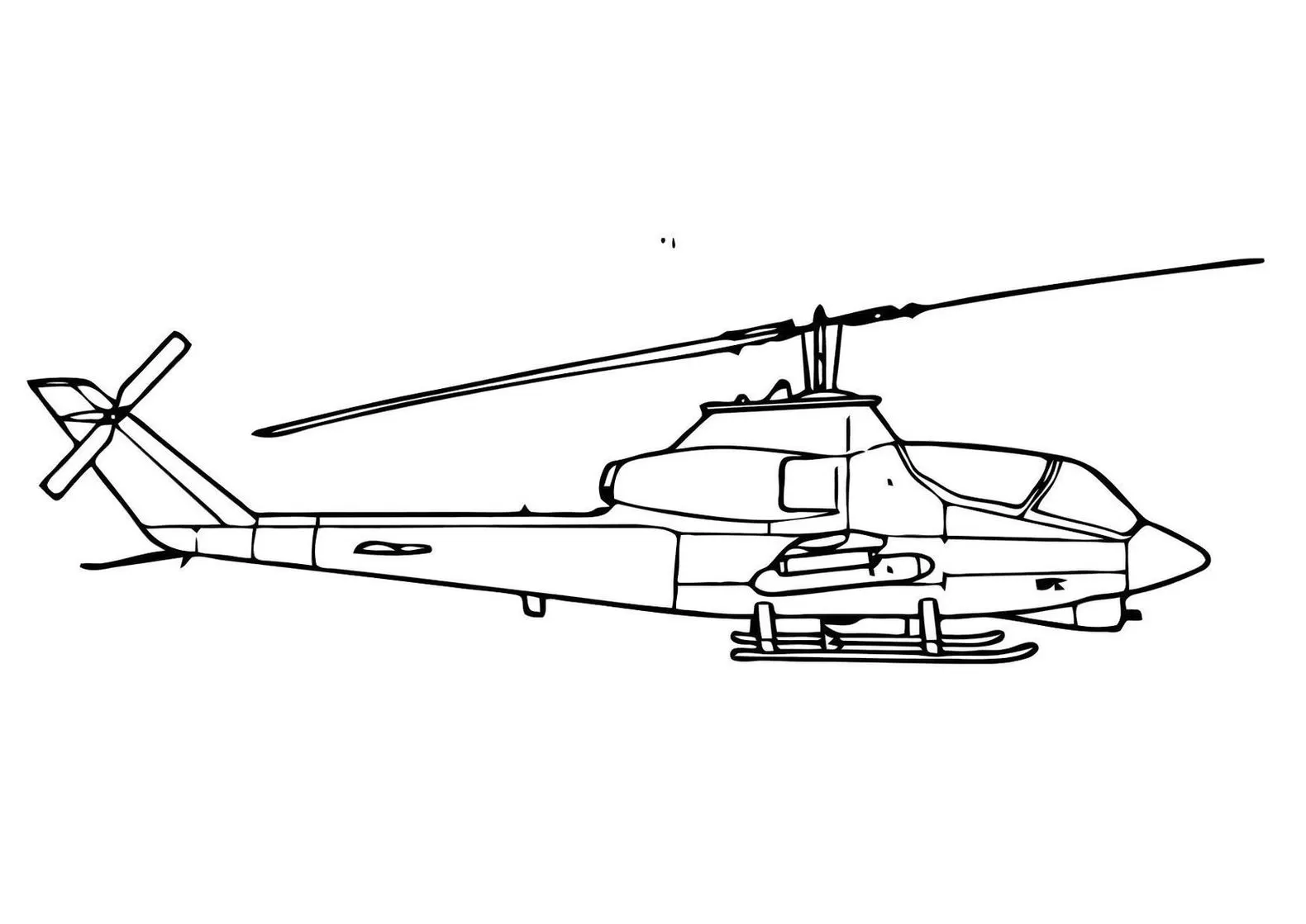 Desenhos de Helicópteros para colorir Grande Helicóptero de ataque detalhado para colorir: rotor, trem de pouso, armamentos e fuselagem em destaque.