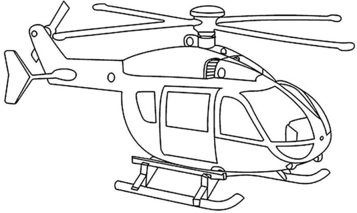 Desenhos de Helicópteros para colorir Sobrevoando Helicóptero para colorir: Desenho detalhado com rotor principal, rotor de cauda e cabine do piloto em voo.