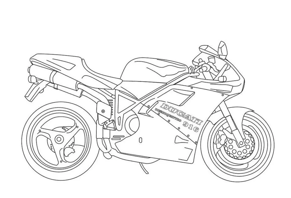 Ducati 916 para colorir: Desenho detalhado de moto esportiva italiana. Dê vida à sua paixão por motociclismo e design com este desenho.
