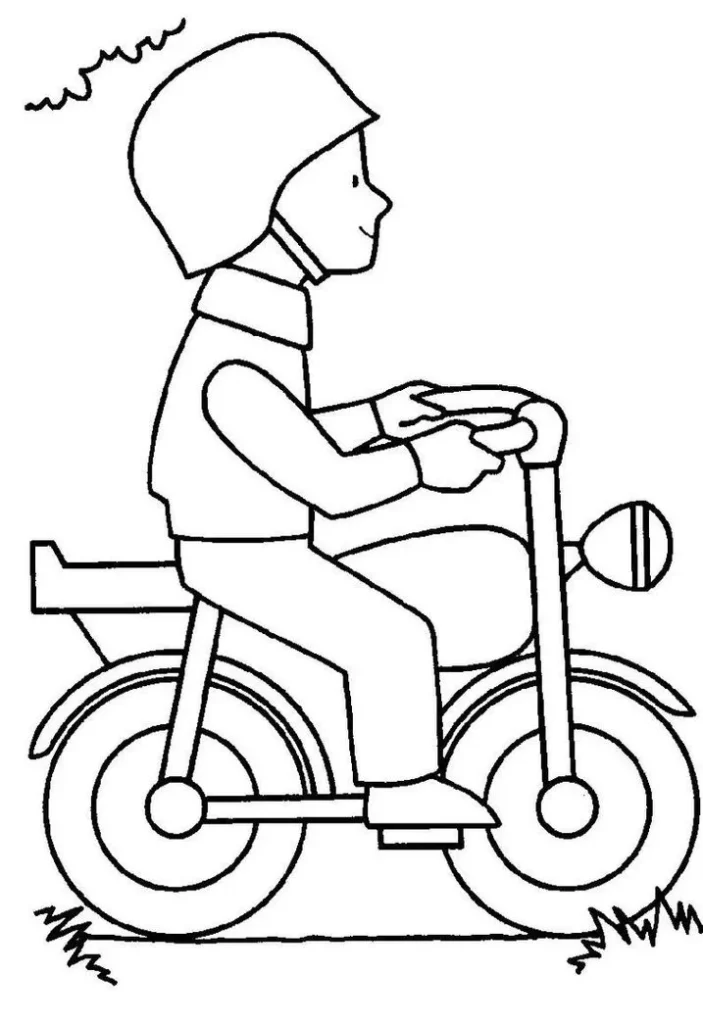 Motociclista em desenho artístico para colorir. Homem de capacete pilotando moto com detalhes como farol redondo e para-lamas. Ideal para atividades criativas.