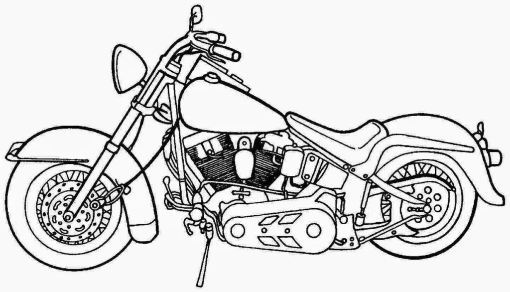 Desenho de moto chopper para colorir: explore o mundo motoqueiro com este modelo customizado detalhado e expresse sua criatividade.