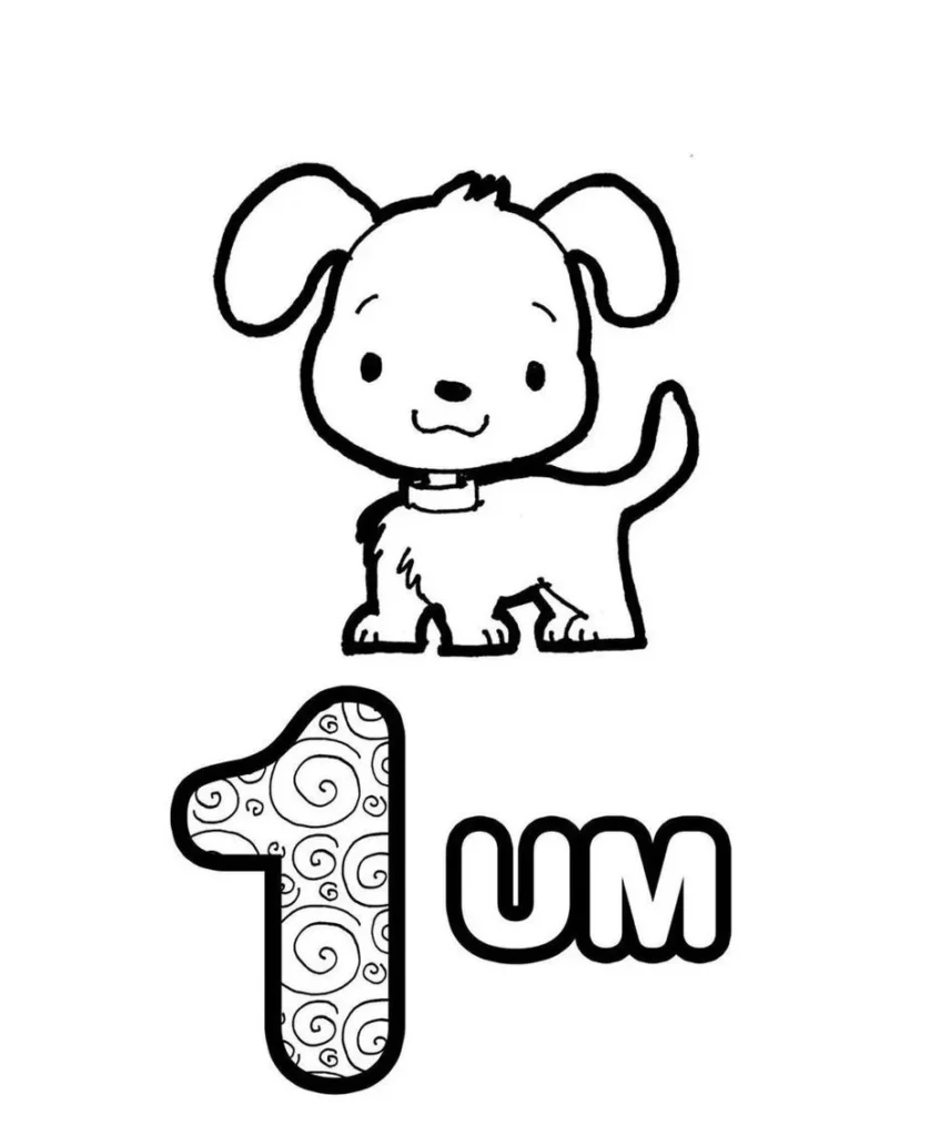 Desenhos de Números com quantidades para colorir 1 Cachorro Cachorro representando o número um em desenho para colorir. Atividade divertida para aprender o número 1 e a quantidade correspondente.