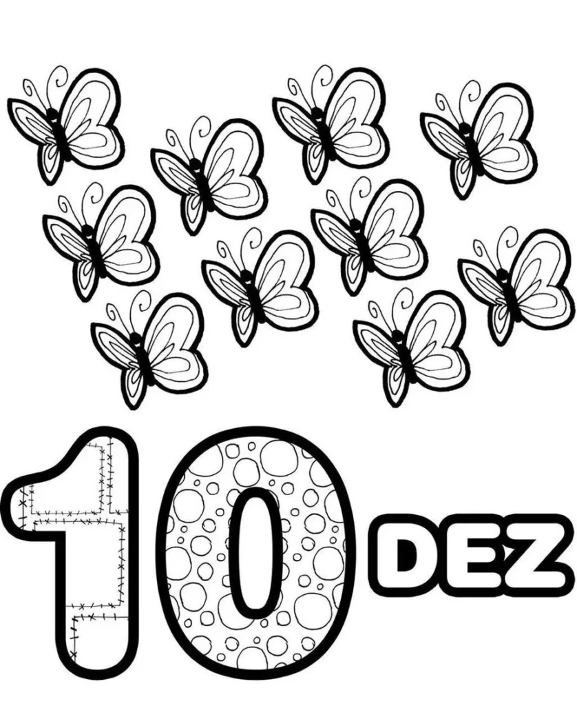 Desenhos de Números com quantidades para colorir 10 Borboletas Desenho para colorir: numeral 10 com dez borboletas. Atividade lúdica para aprender a contar e colorir borboletas.