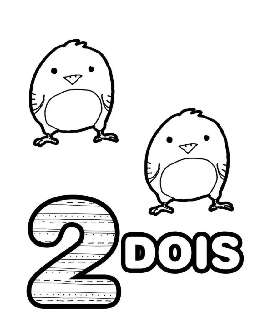 Desenhos de Números com quantidades para colorir 2 Passarinhos Desenho para colorir número 2 com dois passarinhos. Atividade para crianças aprenderem números e praticarem a coordenação motora fina.