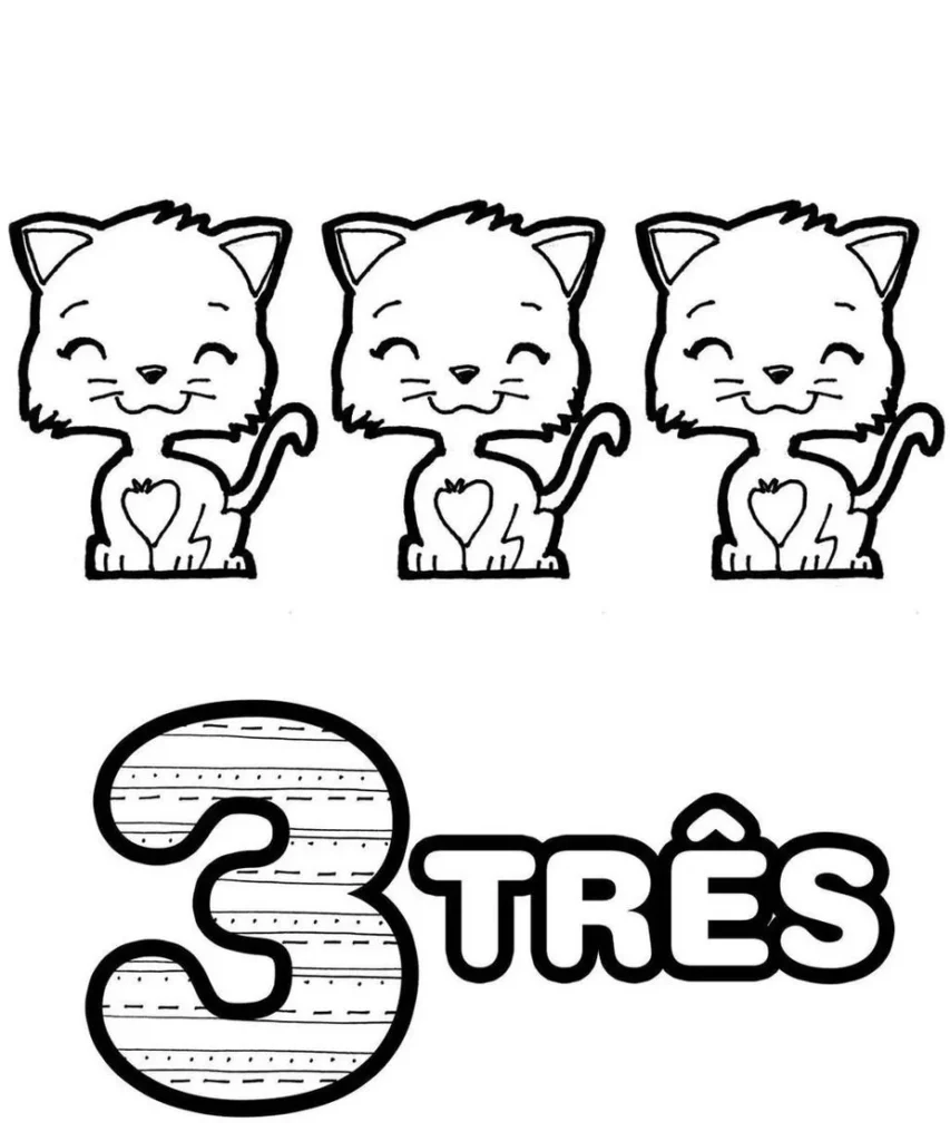 Desenhos de Números com quantidades para colorir 3 Gatinhos Desenho do número 3 com gatinhos para colorir: atividade divertida para aprender os números e desenvolver a coordenação motora.