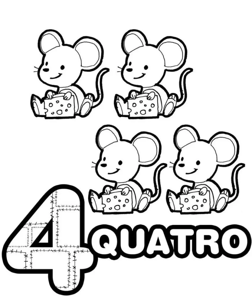 Desenhos de Números com quantidades para colorir 4 Ratinhos Quatro ratinhos divertidos ensinando o número 4 para colorir. Atividade lúdica para aprender os numerais.