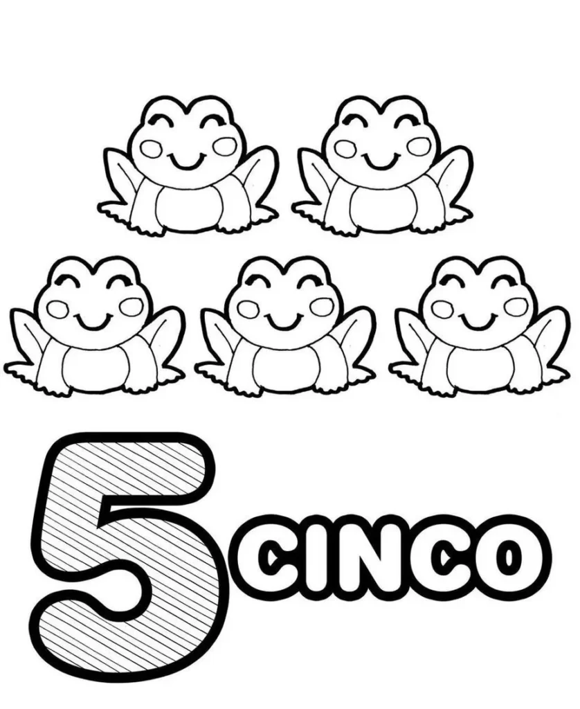Desenhos de Números com quantidades para colorir 5 Sapinhos Atividade de colorir: número 5 com adoráveis sapos para aprendizado divertido.