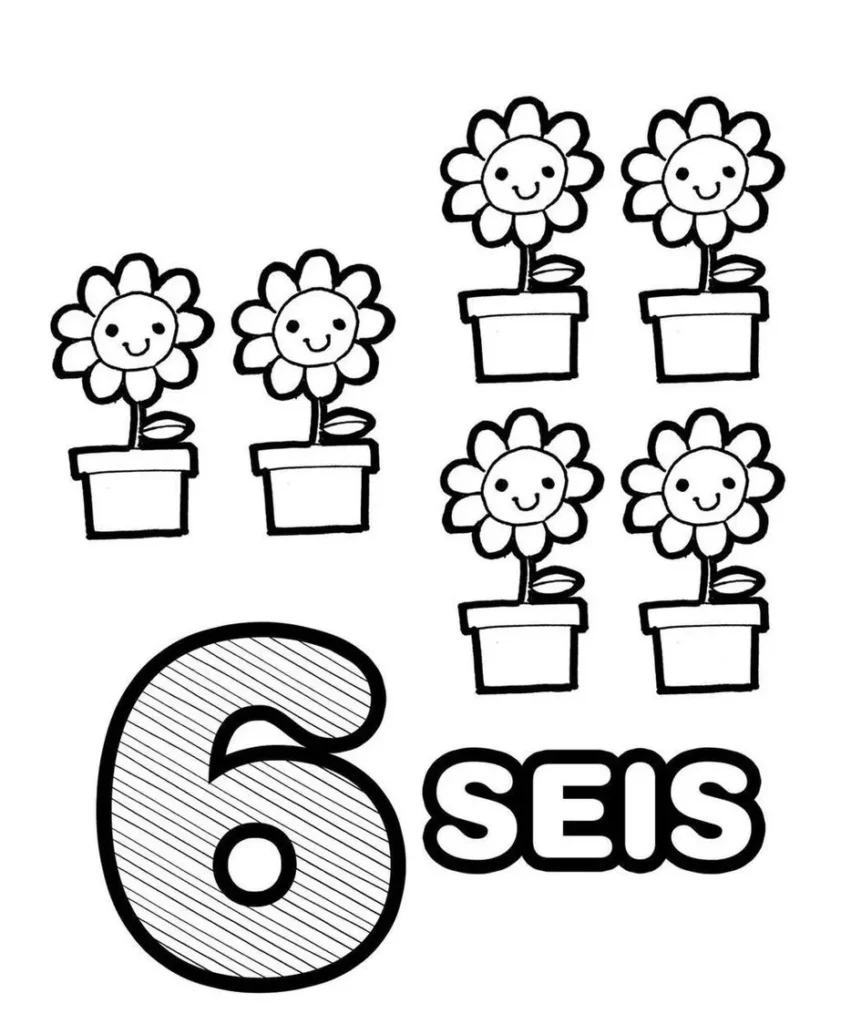 Desenhos de Números com quantidades para colorir 6 Vasos Com Flor Número seis com seis vasos floridos: atividade para aprender a contar e colorir.