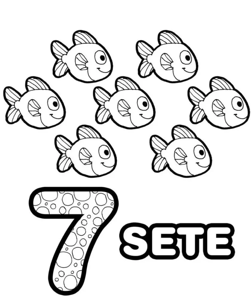 Desenhos de Números com quantidades para colorir 7 Peixes Sete peixes para colorir e aprender o número 7. Atividade divertida com desenhos que ensinam quantidades de forma lúdica.