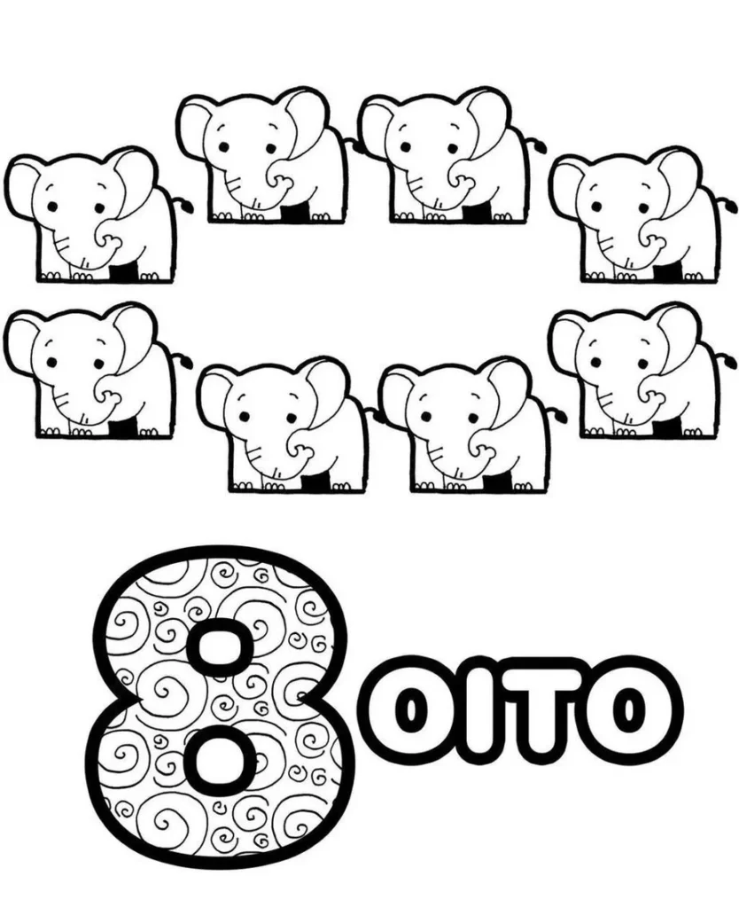 Desenhos de Números com quantidades para colorir 8 Elefantes Desenho para colorir: Oito elefantes e o número 8, aprendendo quantidades de forma divertida.