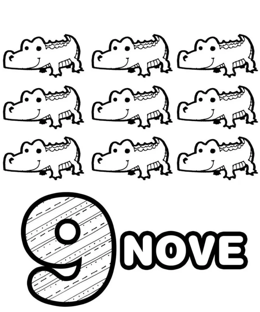 Desenhos de Números com quantidades para colorir 9 Jacarés Desenho para colorir com 9 jacarés: Aprenda o número nove! Atividade lúdica para crianças associarem quantidade ao numeral e desenvolverem habilidades motoras.