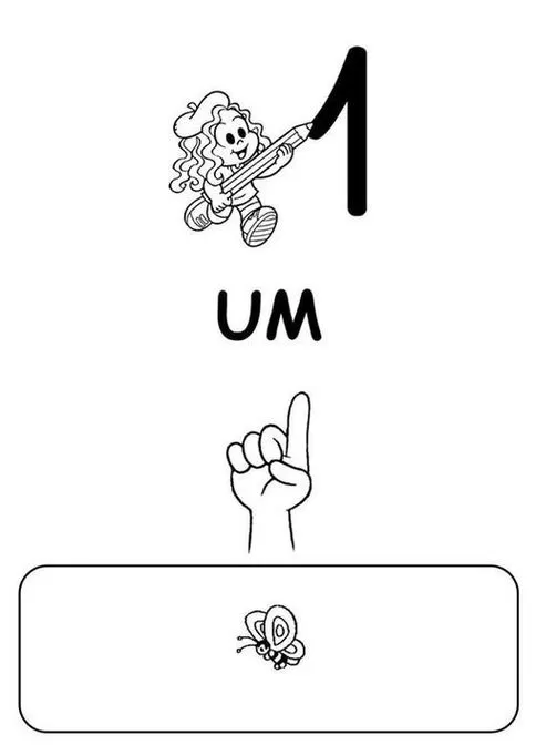 Número 1 para colorir: atividade criativa com menina, palavra 'UM', dedo e borboleta. Aprenda a contar!