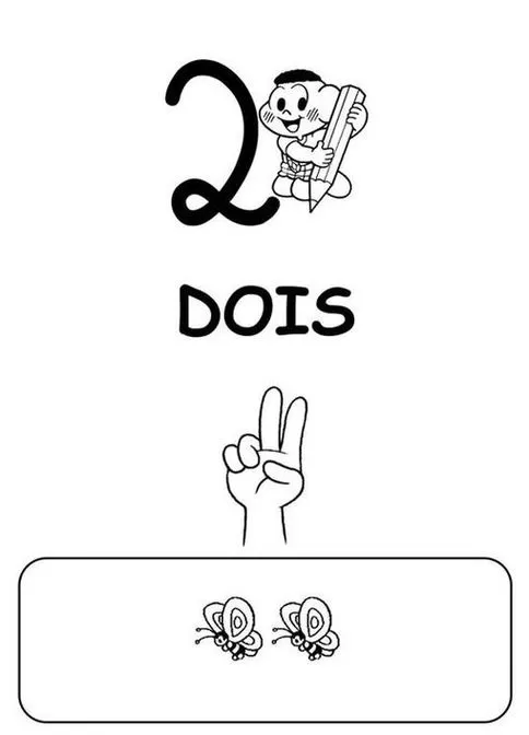 Desenho do número 2 para colorir: atividade criativa com o número dois, lápis, mão com dois dedos e borboletas.
