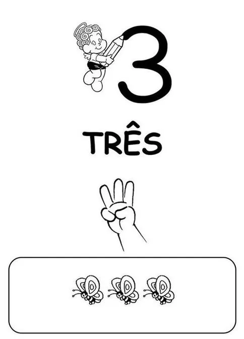 Número 3 para Colorir: Divertidas atividades com o numeral três, mão mostrando três dedos e borboletas. Ideal para aprendizado e diversão das crianças.