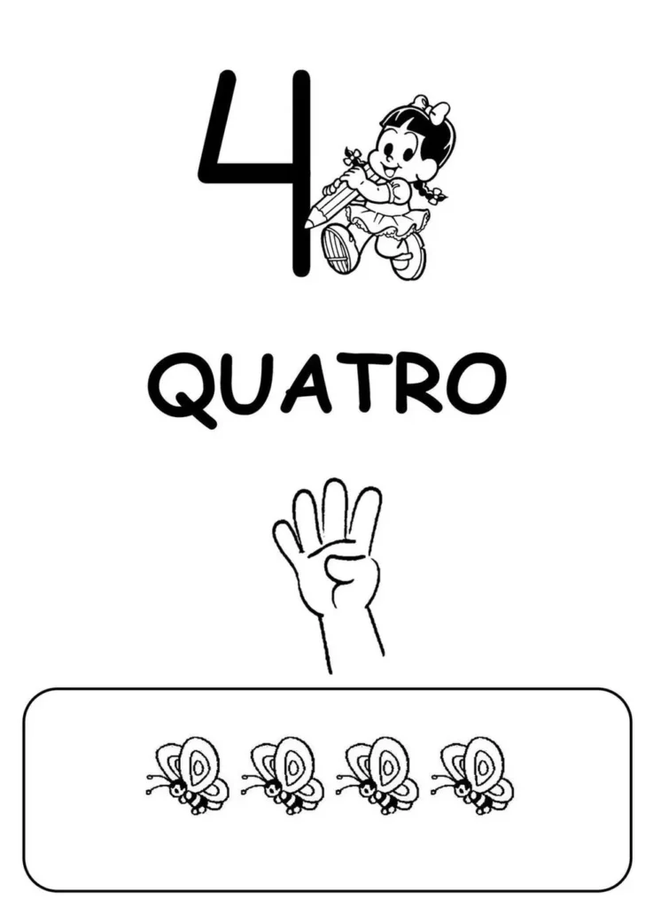 Desenhos do número 4 para colorir: atividades criativas com o numeral quatro, mão com quatro dedos e borboletas.