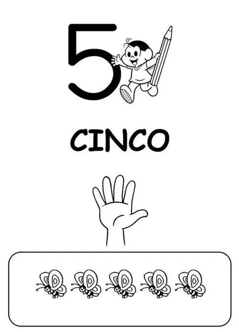 Desenhos do número 5 para colorir: número grande com lápis, palavra CINCO, mão com cinco dedos e borboletas. Atividade para aprender os números.