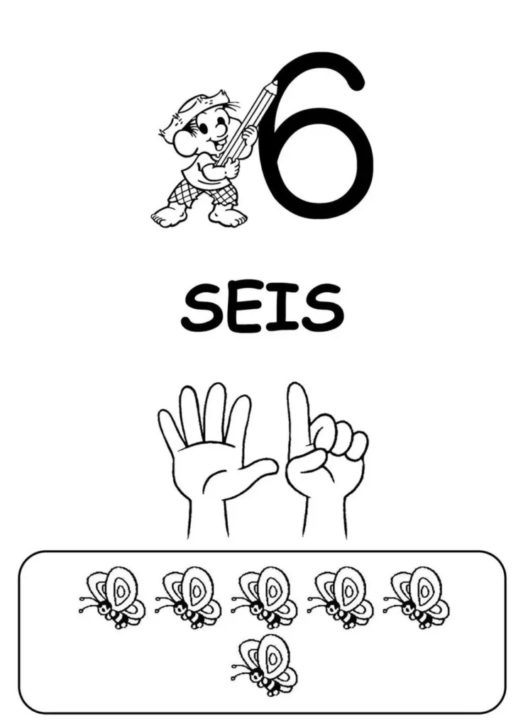Desenhos do número 6 (seis) para colorir: aprenda e divirta-se com o numeral seis e as seis borboletas.