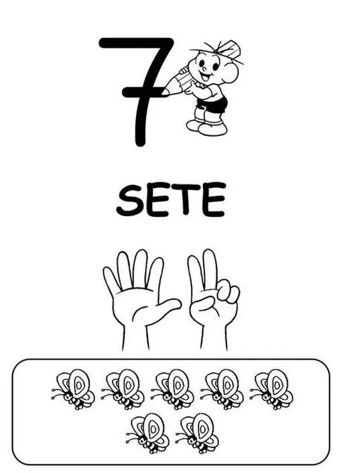 Atividades com o número 7 para colorir: sete borboletas, mãos representando o número e a palavra 'SETE'. Aprenda brincando!
