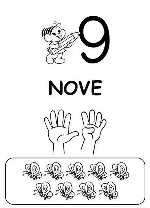 Número 9 para Colorir: Atividade Lúdica com Nove Borboletas e Contagem Manual