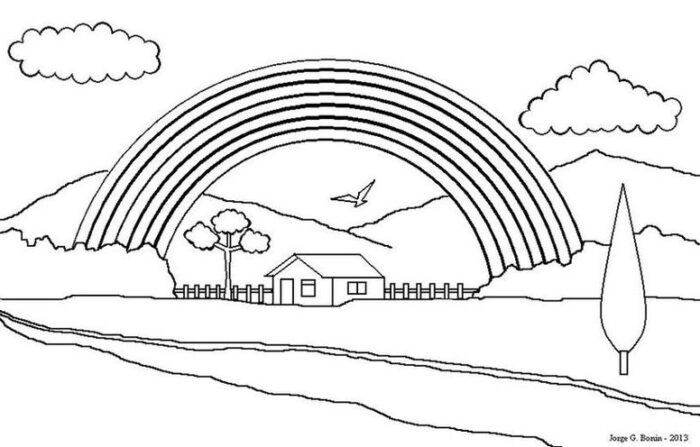 Desenho de casinha no campo com arco-íris e montanhas para colorir. Paisagem rural tranquila e relaxante.
