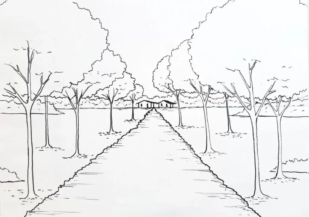 Paisagem rural para colorir: estrada ladeada por árvores levando a casas no horizonte. Atividade relaxante para adultos e crianças.