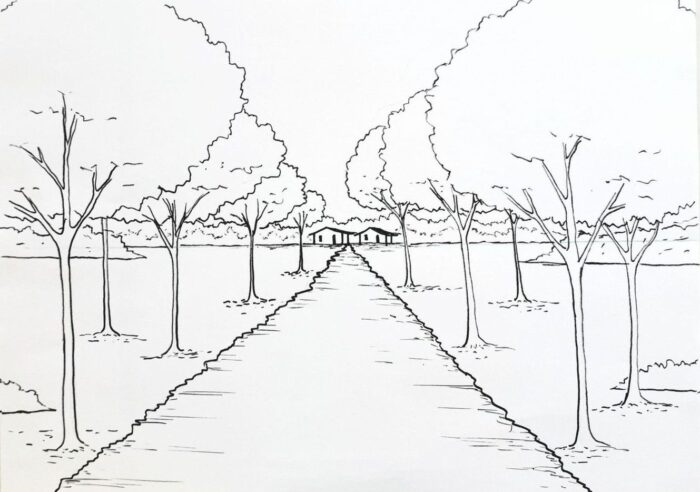 Paisagem rural para colorir: estrada ladeada por árvores levando a casas no horizonte. Atividade relaxante para adultos e crianças.