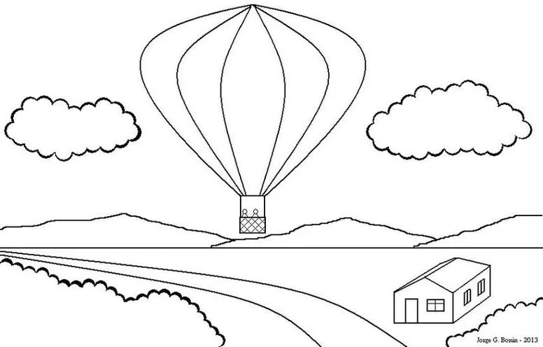Balão de ar quente sobrevoa paisagem montanhosa em desenho para colorir. Aventura e tranquilidade em um só lugar.