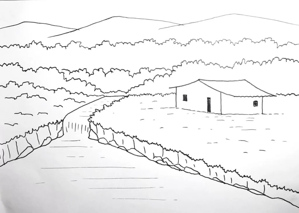 Desenho para colorir de paisagem rural com casa, rio e montanhas. Atividade relaxante e criativa.