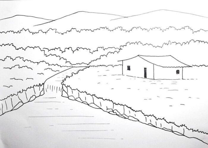 Desenho para colorir de paisagem rural com casa, rio e montanhas. Atividade relaxante e criativa.