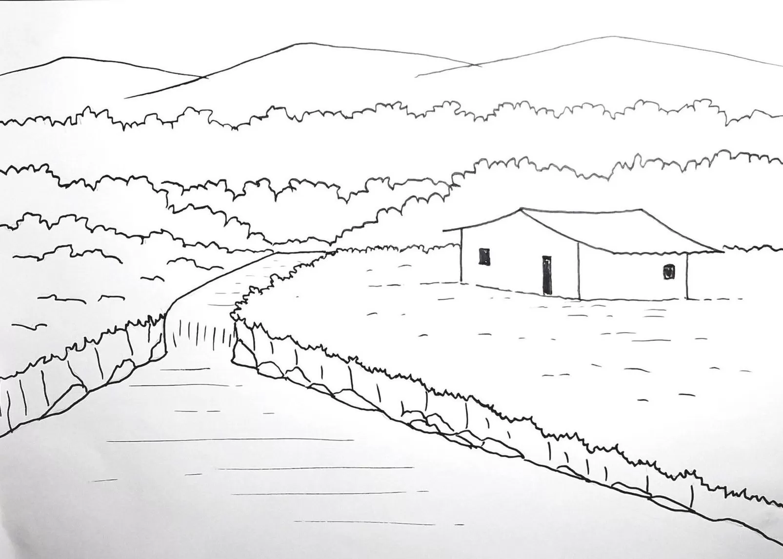 Desenho para colorir de paisagem rural com casa, rio e montanhas. Atividade relaxante e criativa.