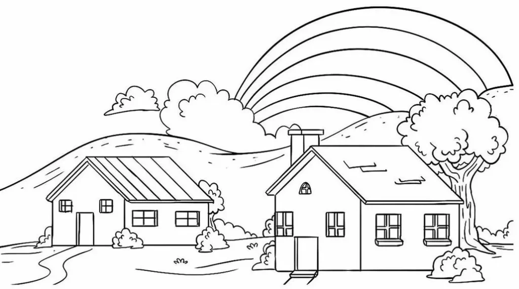 Desenho de paisagem rural com casas, árvores e arco-íris para colorir. Paz e tranquilidade em meio à natureza.