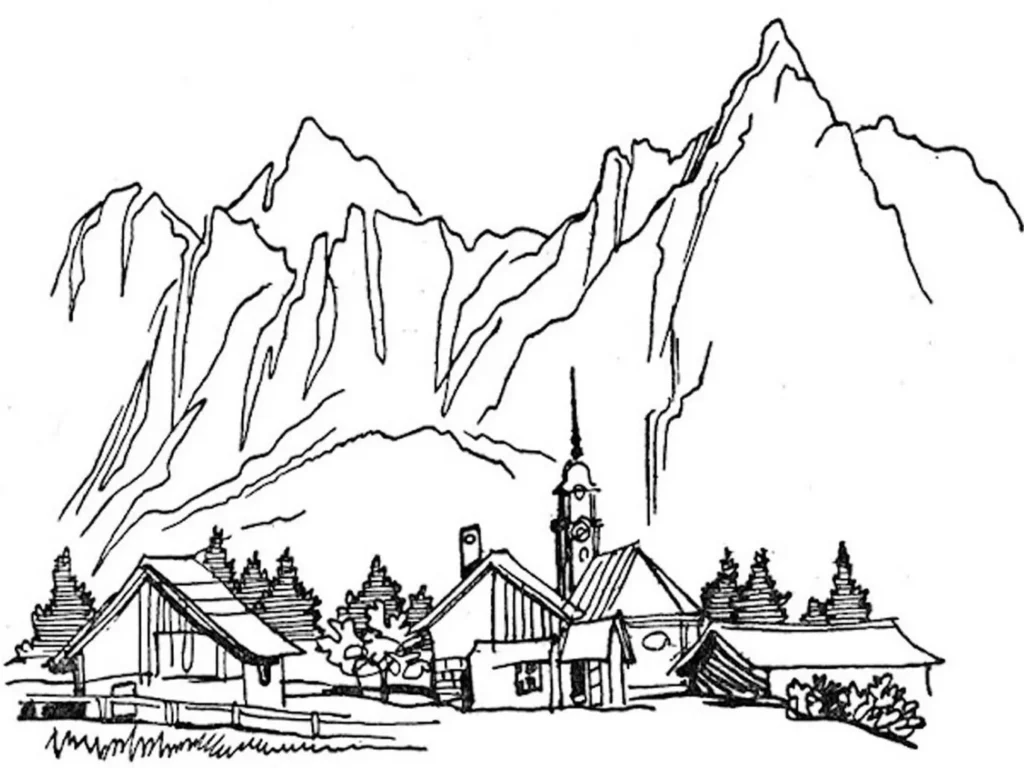 Paisagem de montanhas e vila pitoresca para colorir. Desenhos relaxantes com casas rústicas e natureza exuberante.