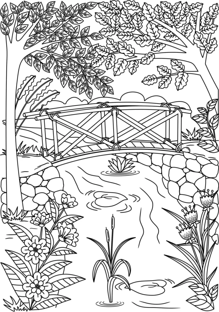 Paisagem relaxante com ponte de madeira sobre lago para colorir. Desenho detalhado de natureza exuberante e calma.