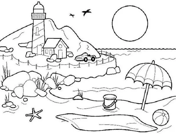 Desenho de praia com farol, casa e carro para colorir. Paisagem ensolarada com guarda-sol, balde e bola na areia.