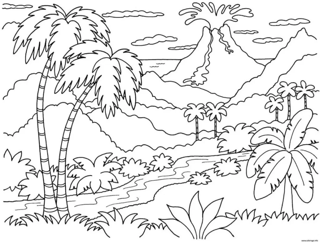 Paisagem tropical com vulcão para colorir: coqueiros, rio e natureza exuberante.