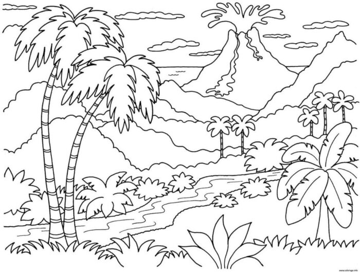 Paisagem tropical com vulcão para colorir: coqueiros, rio e natureza exuberante.